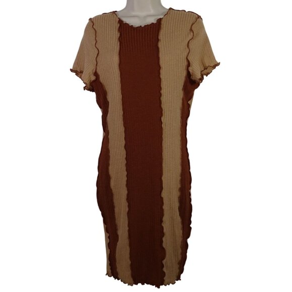 Shein Curve Bodycon Dress Women Size OXL 12 Brown Ribbed Knit Short Sleeve - Picture 1 of 11